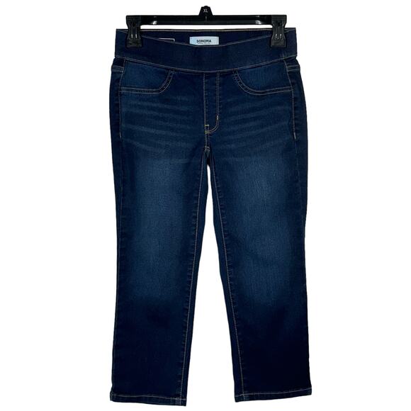 Sonoma Petite SZ 2P Capris Jeans Pull-On Stretch Low-Rise Whiskered Dark Wash - Picture 1 of 6